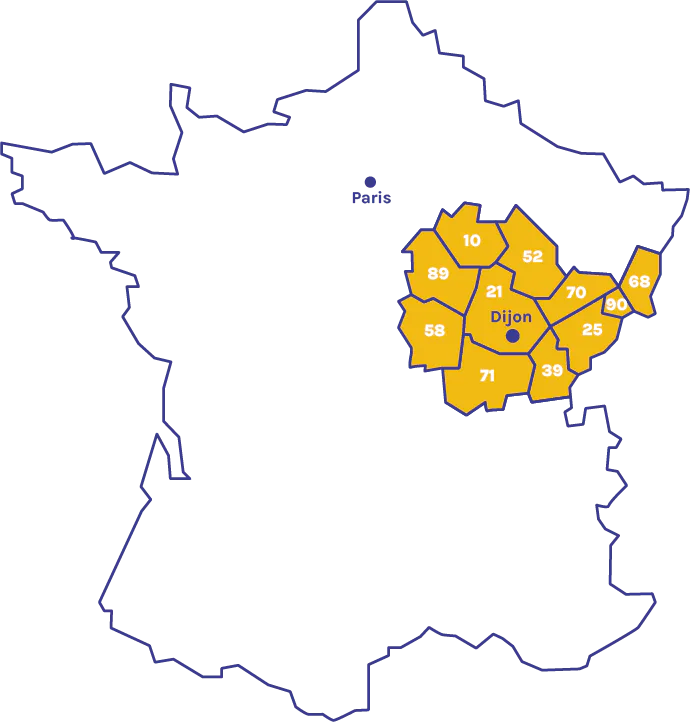 Zone d'intervention AJ3M Cote d'Or Saone et Loire Jura Doubs Yonne Nievre Aube Haute Marnes Haute Saone